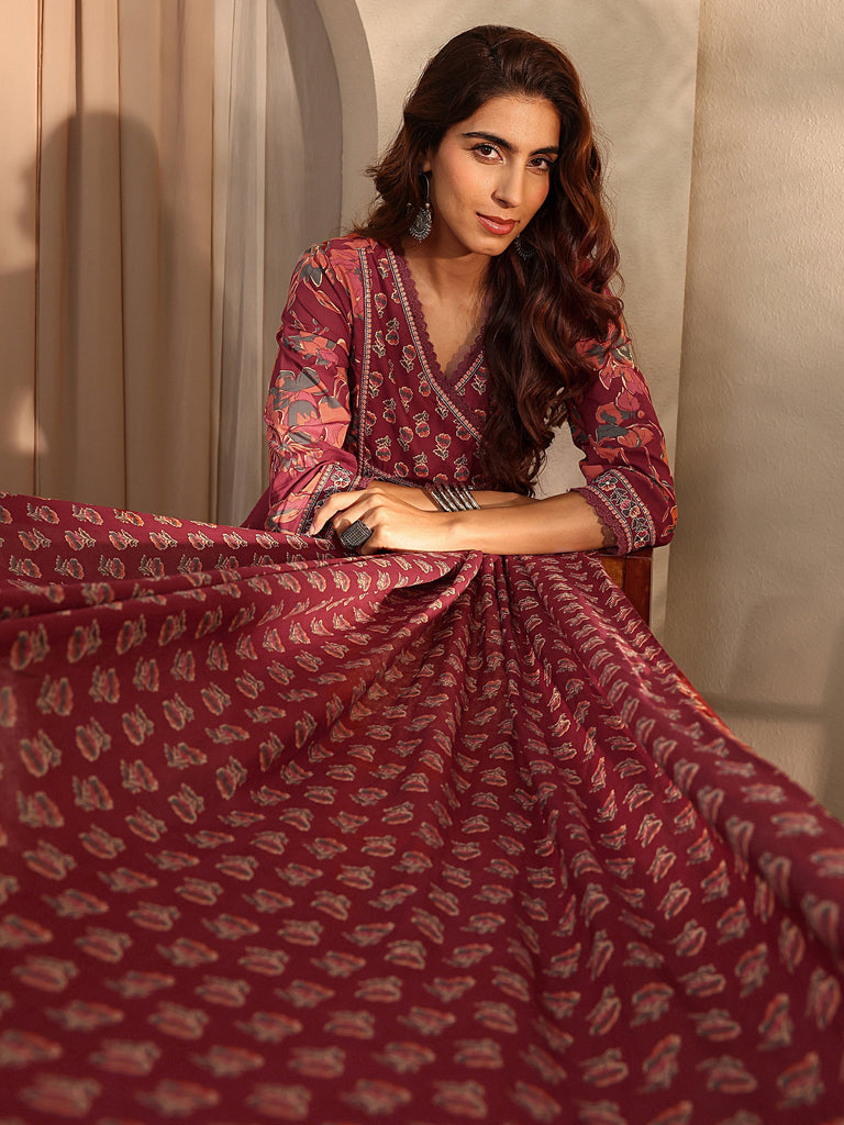 Libas Rust Floral Printed Cotton Blend A-Line Suit Set With Dupatta
