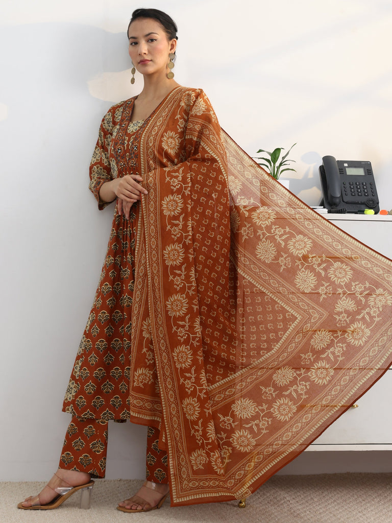 Gerua Rust Floral Printed Cotton Blend A-Line Suit Set With Dupatta