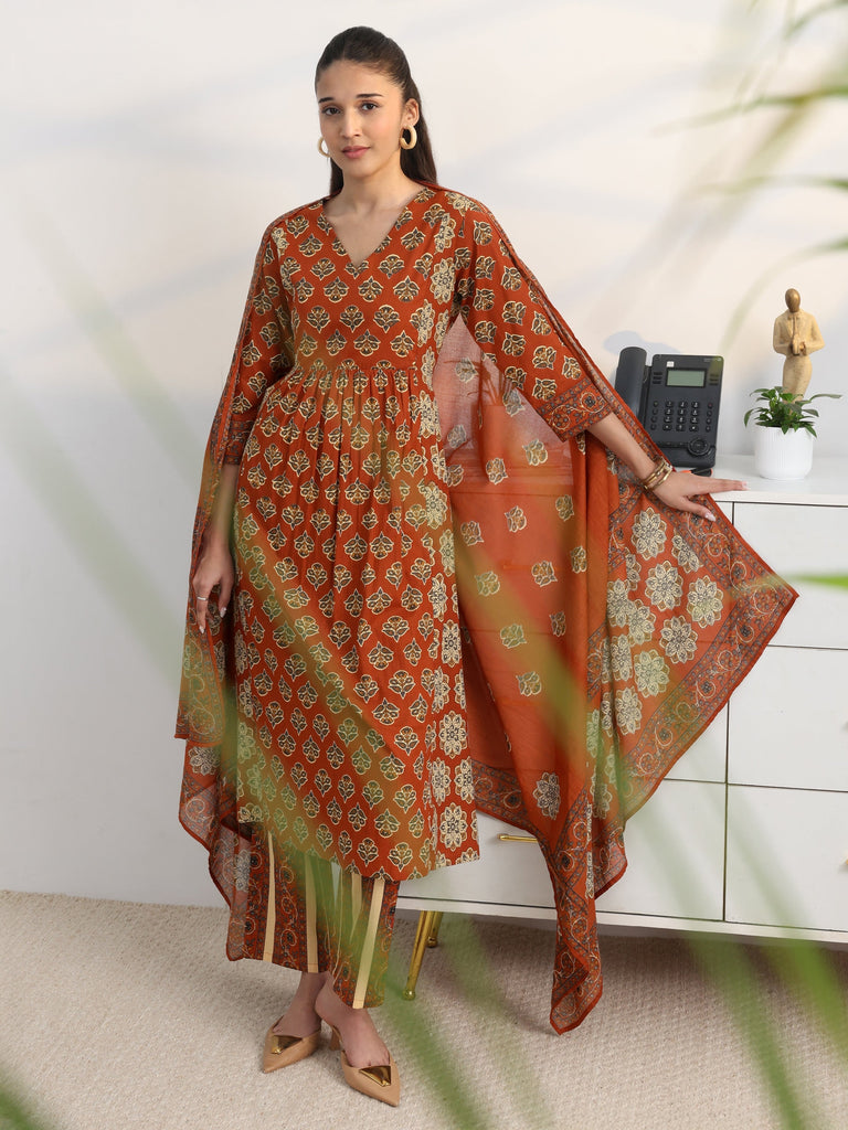 Gerua Rust Floral Printed Cotton Blend A-Line Suit Set With Dupatta