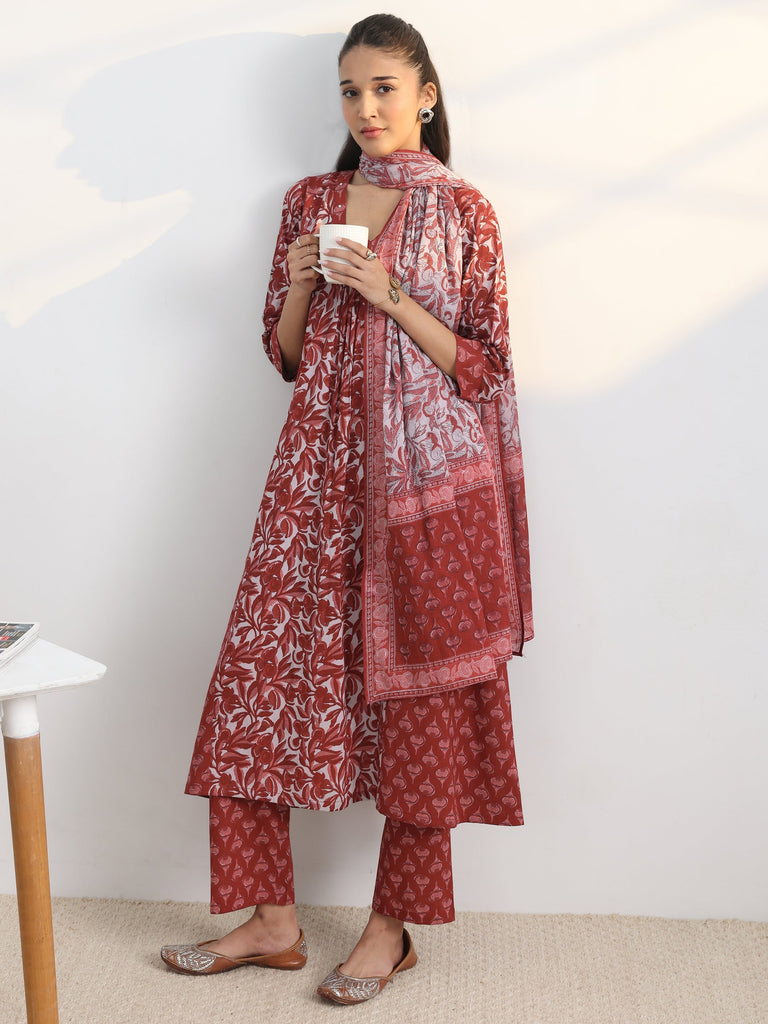 Gerua Rust Floral Printed Cotton Blend A-Line Suit Set With Dupatta