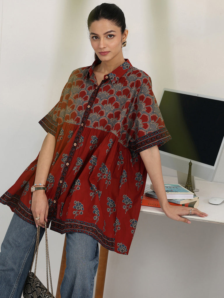 Gerua Rust Floral Printed Cotton Blend Shirt