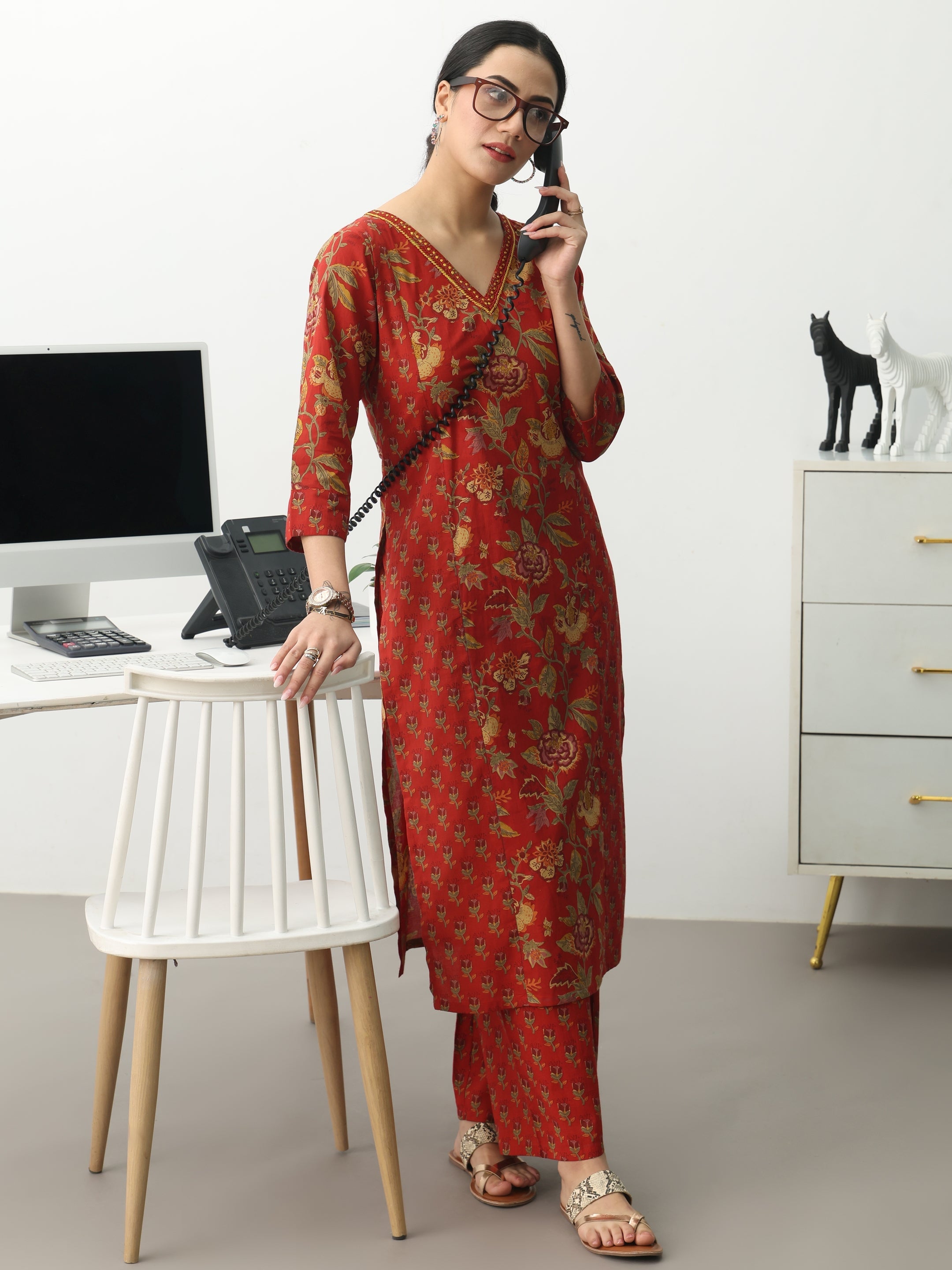 libas Rust Floral Printed Cotton Blend Straight Kurta Set-picture-43