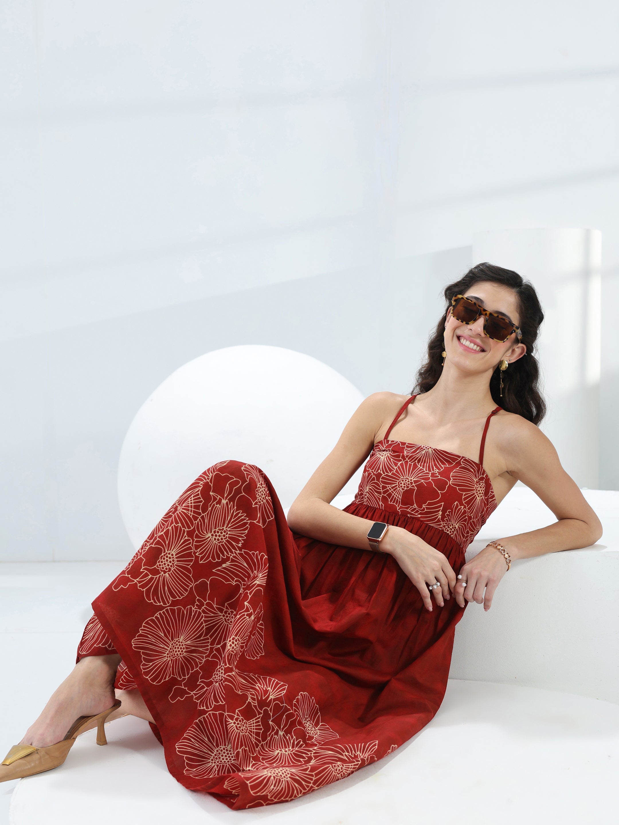 Libas Rust Floral Printed Cotton Fit-And-Flare One-Piece Dress-image-22