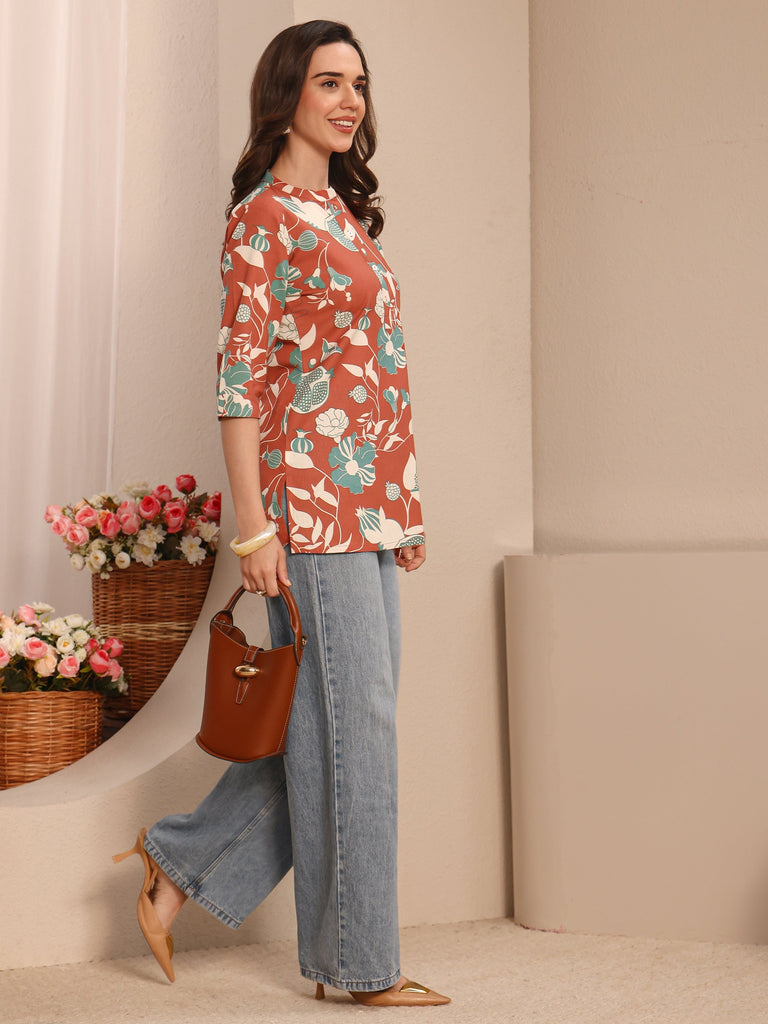 Libas Rust Floral Printed Cotton Straight Short Kurti