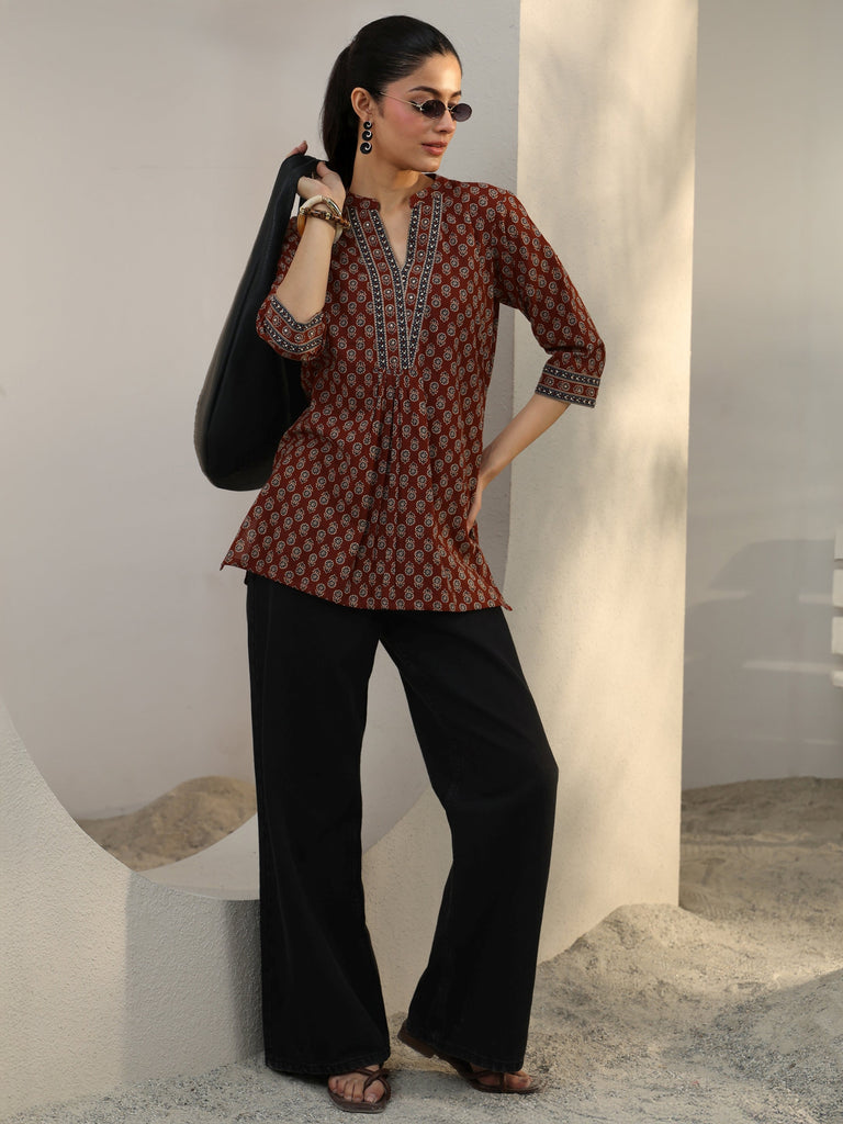 Libas Rust Floral Printed Cotton Straight Short Kurti