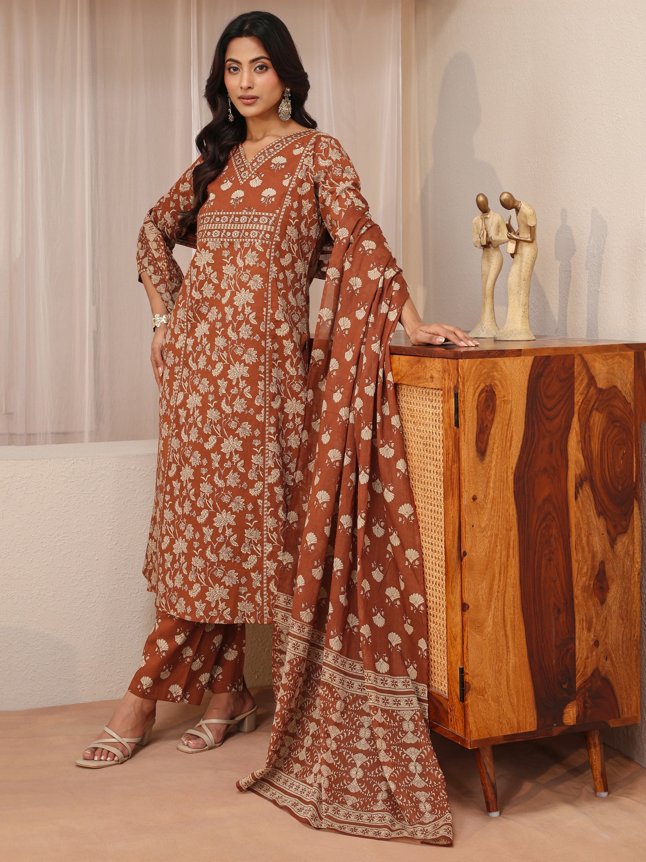 Rust Floral Printed Cotton Straight Suit Set-image-32