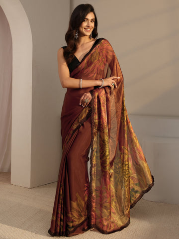 Libas Rust Floral Printed Satin Saree With Unstitched Blouse Piece