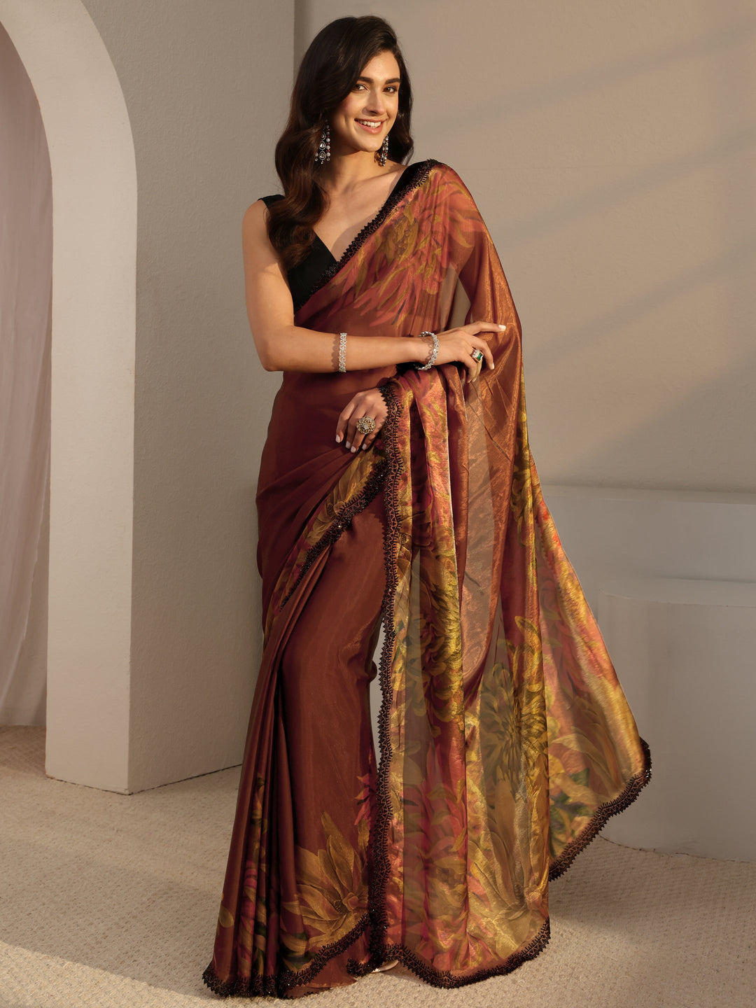 Rust Floral Printed Satin Saree With Unstitched Blouse Piece