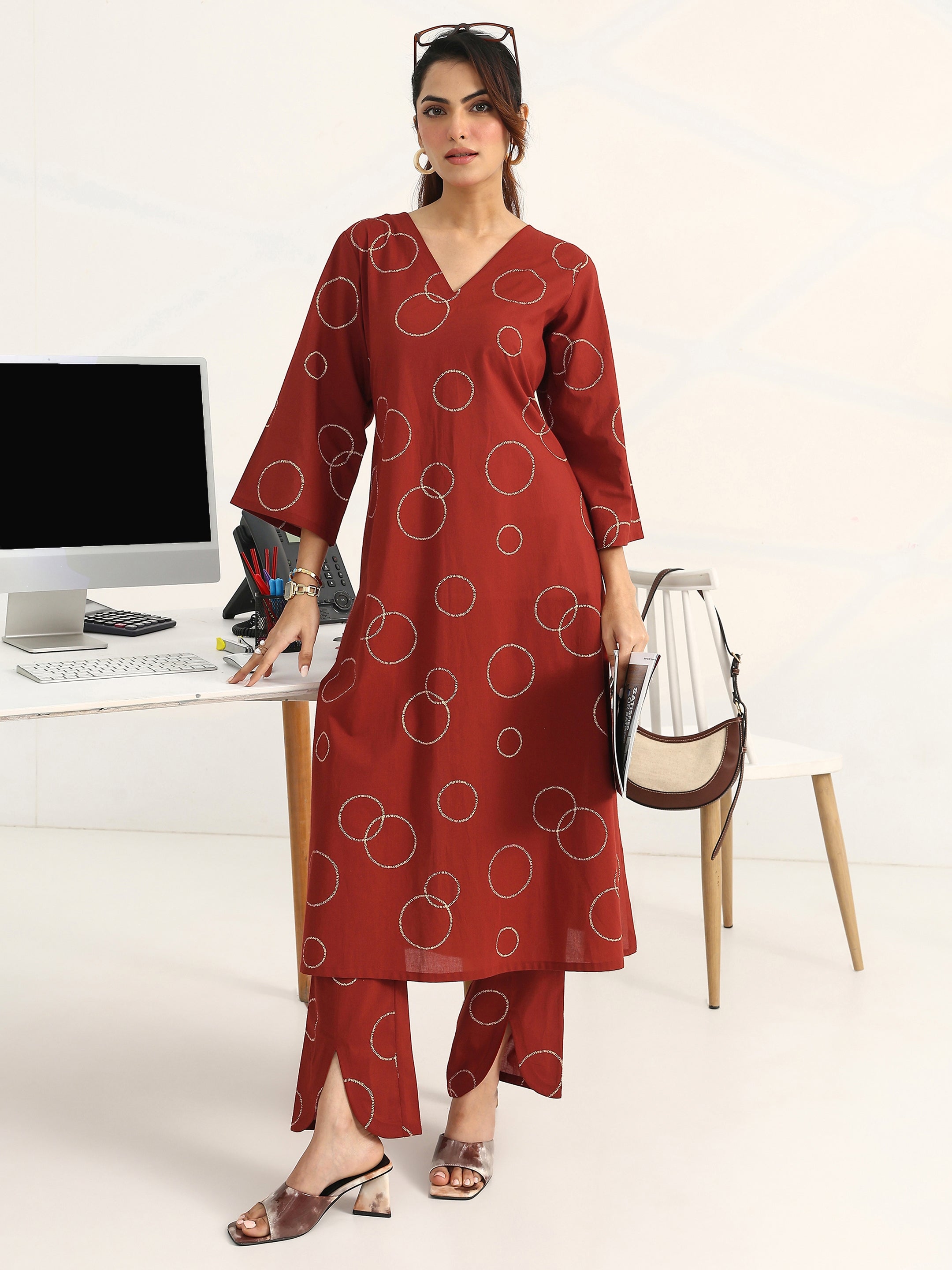 Rust Geometric Printed Cotton Blend A-Line Kurta Set-image-19