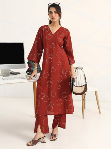 Gerua Rust Geometric Printed Cotton Blend A-Line Kurta Set