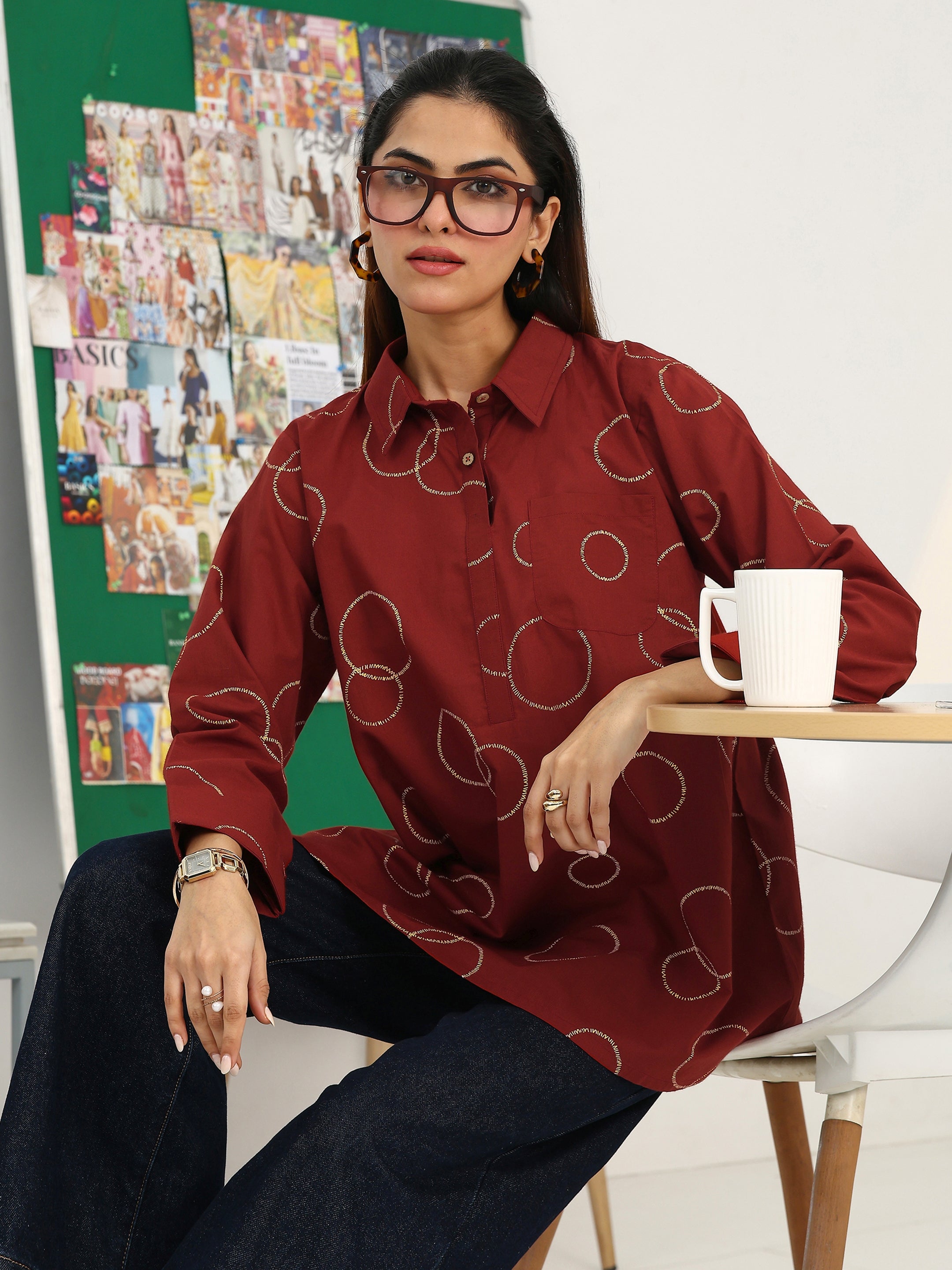libas Rust Geometric Printed Cotton Blend Straight Short Kurti-picture-16