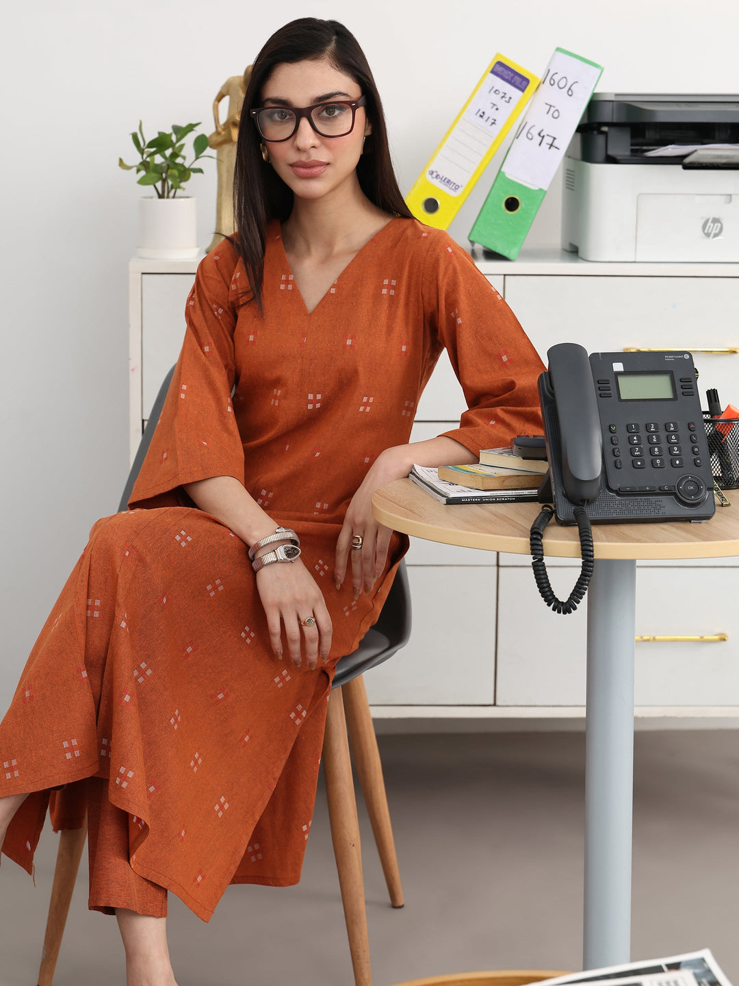 Rust Geometric Woven Design Cotton Blend A-Line Kurta Set 