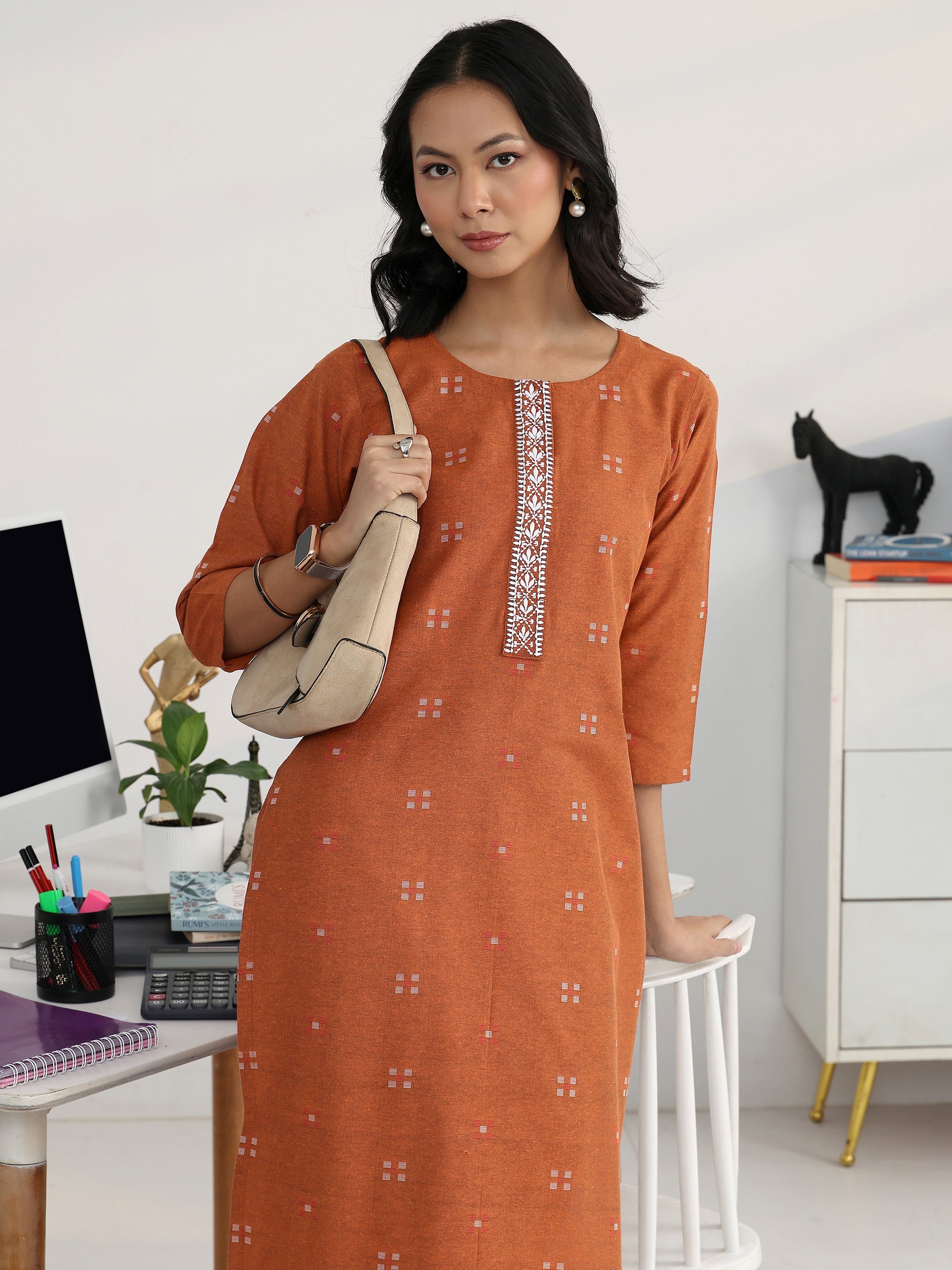 Rust Geometric Woven Design Cotton Blend Straight Kurta Set-image-40