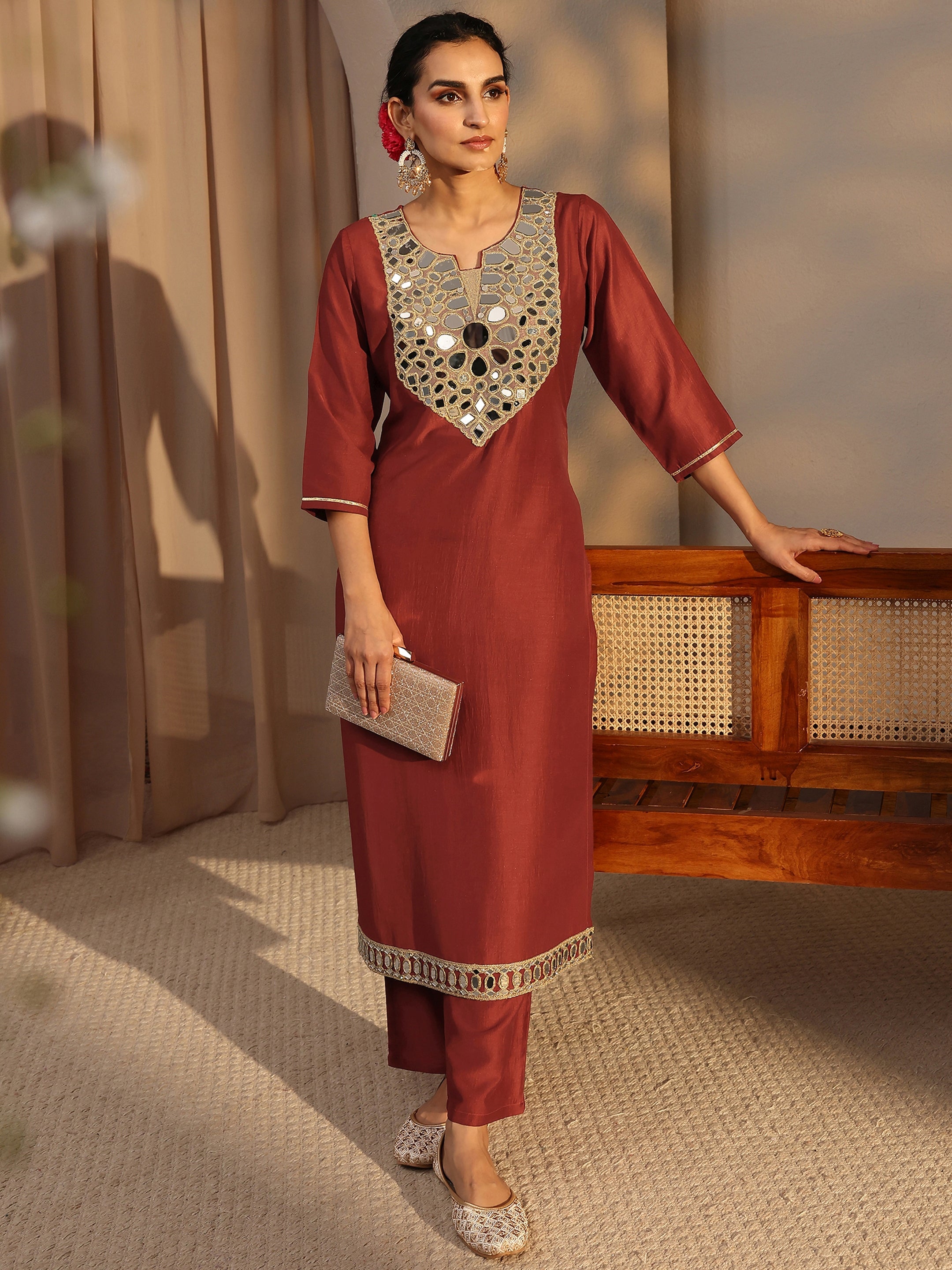 Rust Mirror Work Yoke Design Silk Blend Straight Kurta Set-image-47