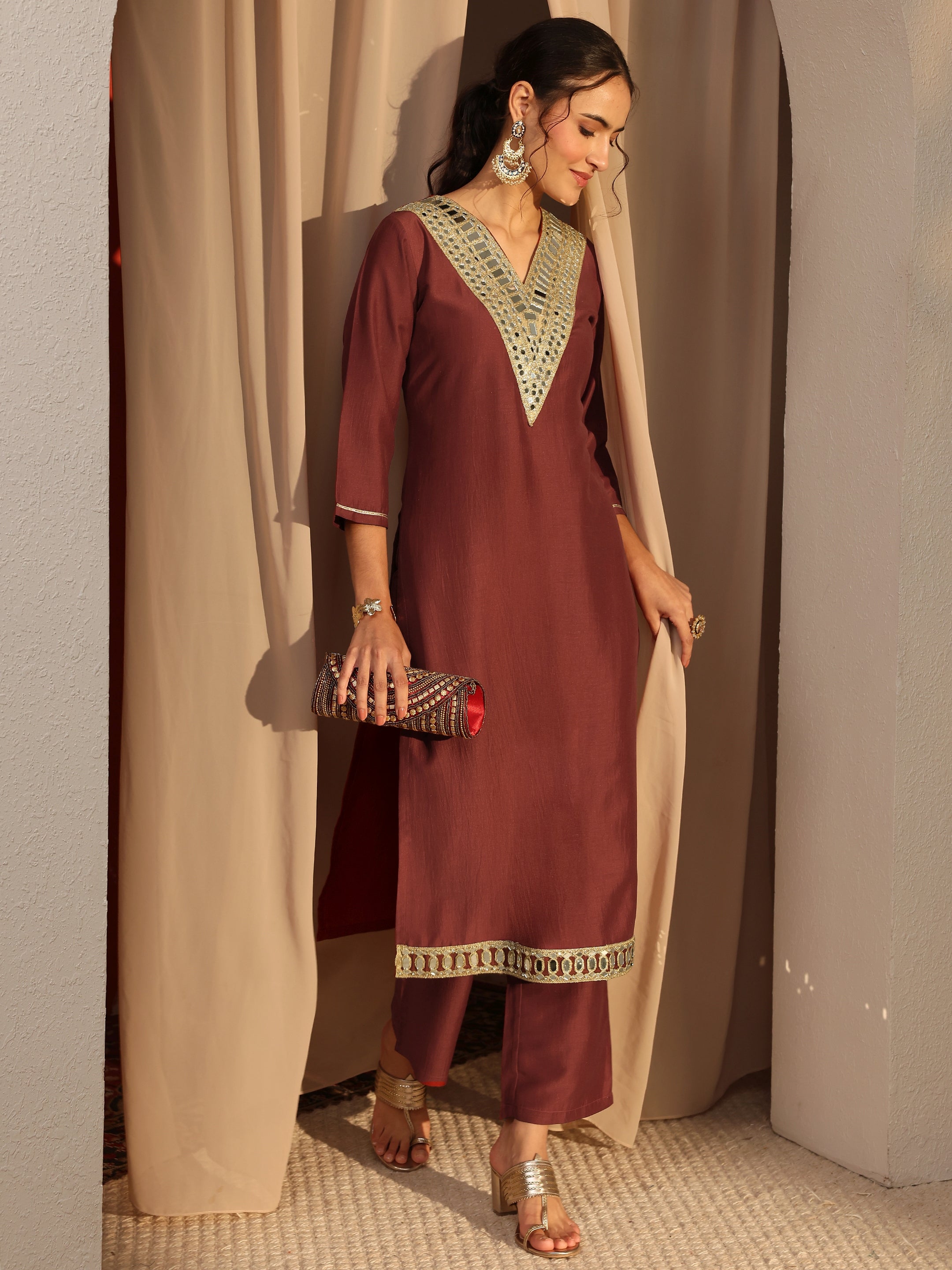Rust Mirror Work Yoke Design Silk Blend Straight Kurta Set-image-45