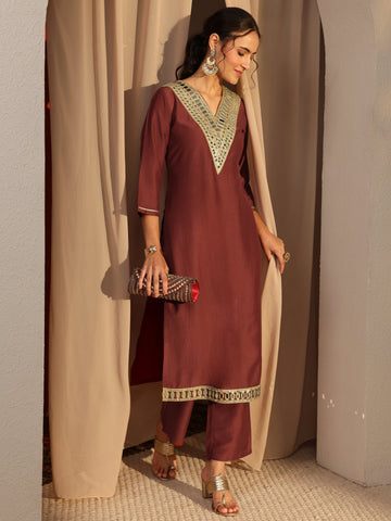 Rust Mirror Work Yoke Design Silk Blend Straight Kurta Set