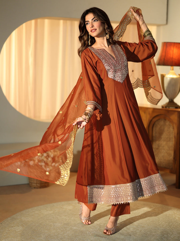 Libas Rust Mirror Work Yoke Silk Blend Anarkali Suit Set