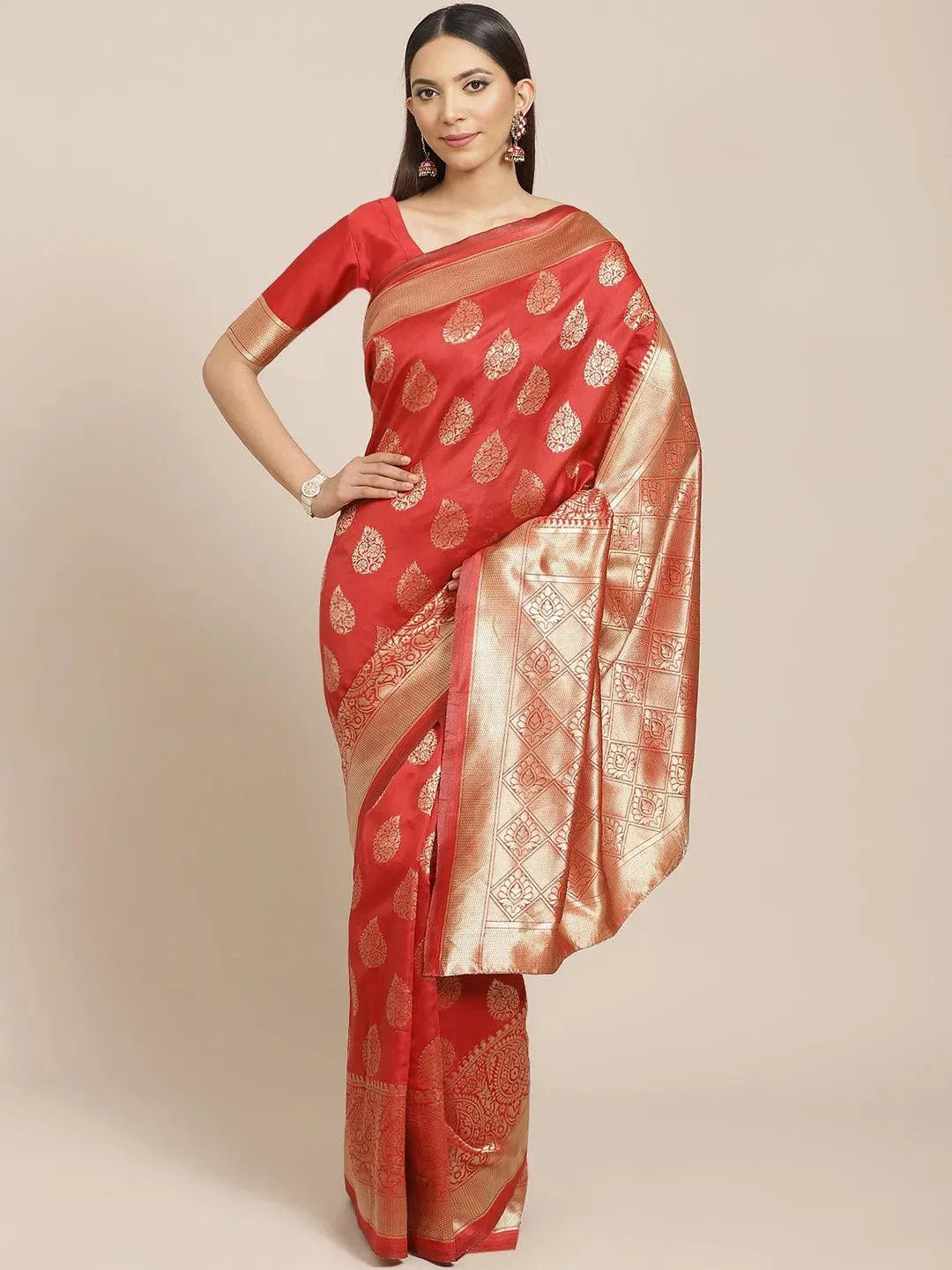 Rust Printed Brocade Saree - Libas