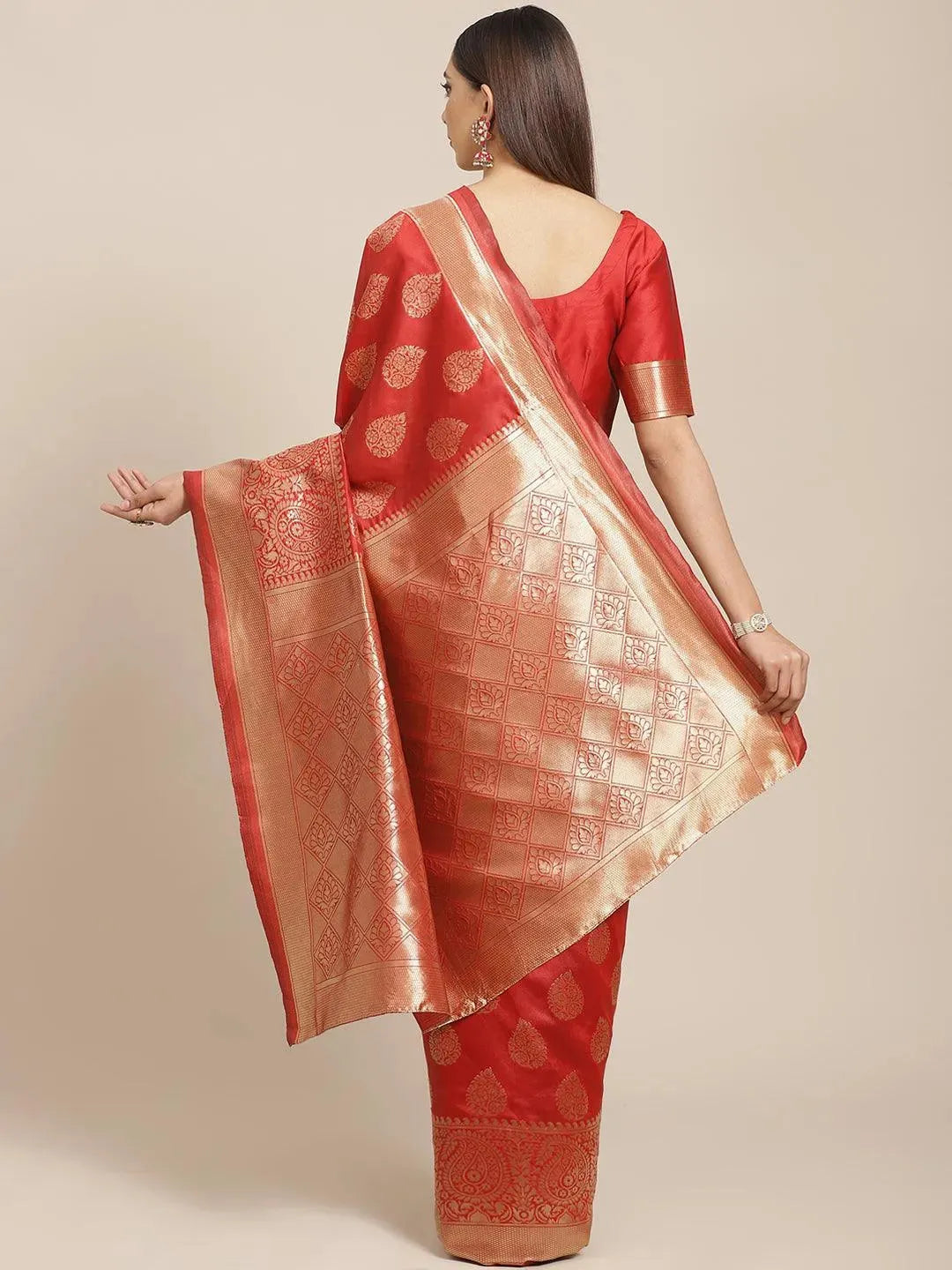 Rust Printed Brocade Saree - Libas 