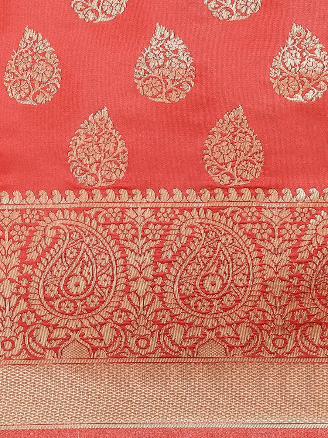 Rust Printed Brocade Saree - Libas