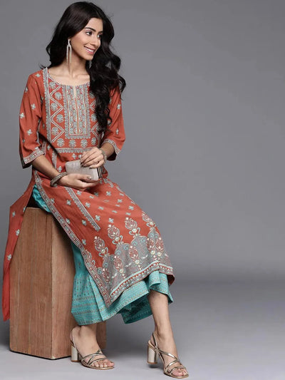 Rust Printed Chanderi Silk Kurta - Libas