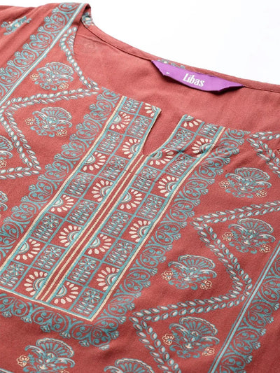 Rust Printed Chanderi Silk Kurta - Libas