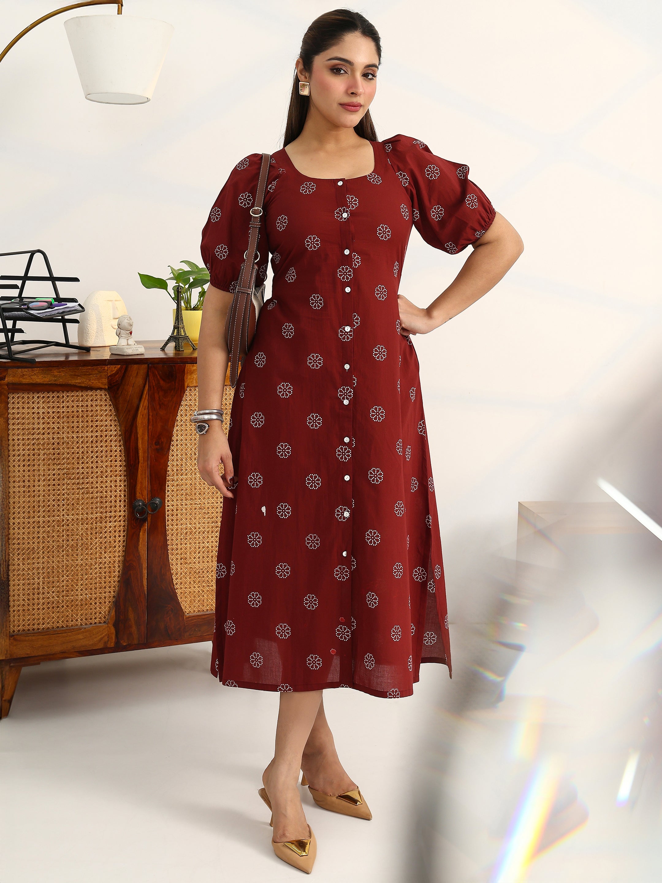 libas Rust Printed Cotton A-Line Puff Sleeves One Piece Dress-picture-32