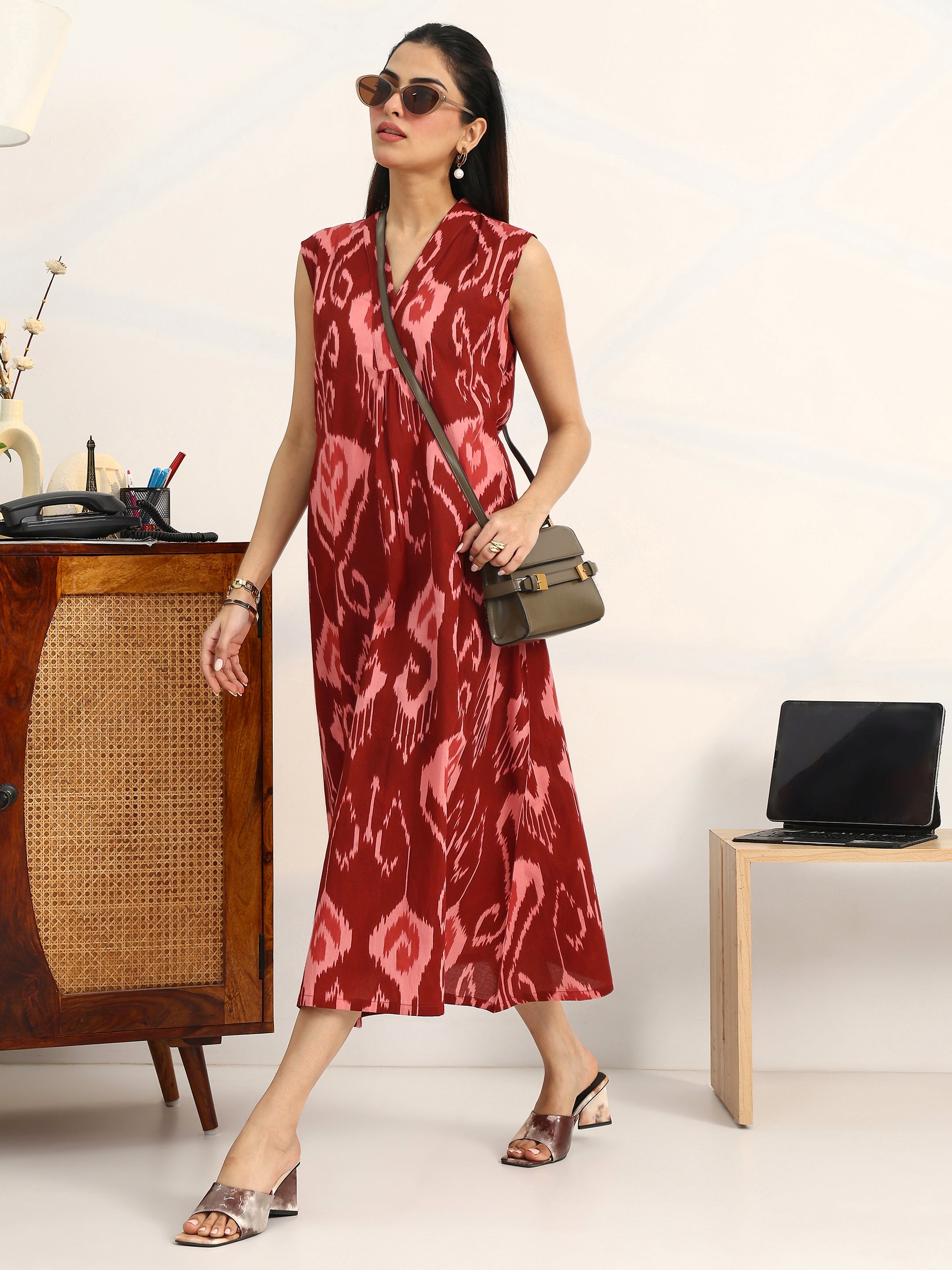 libas Rust Printed Cotton A-Line Sleeveless One Piece Dress-picture-19