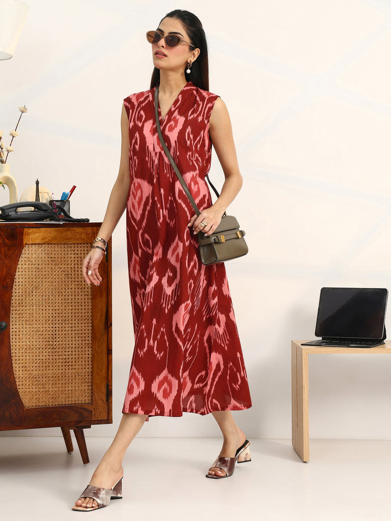 Gerua Rust Printed Cotton Blend A-Line Sleeveless One Piece Dress