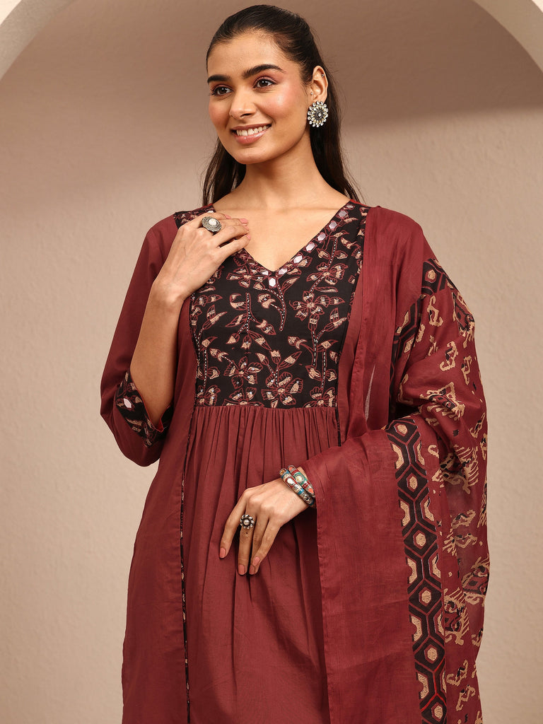 Libas Rust Printed Cotton A-Line Suit Set With Dupatta