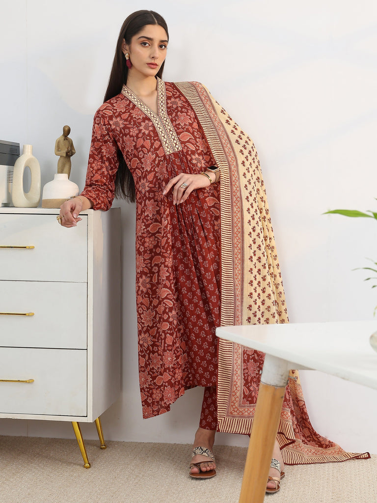 Gerua Rust Printed Cotton Blend A-Line Suit Set With Dupatta