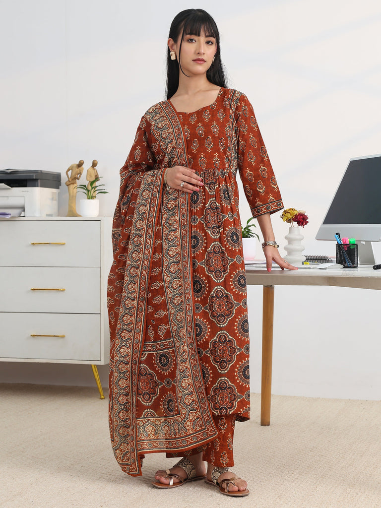 Gerua Rust Printed Cotton Blend A-Line Suit Set With Dupatta