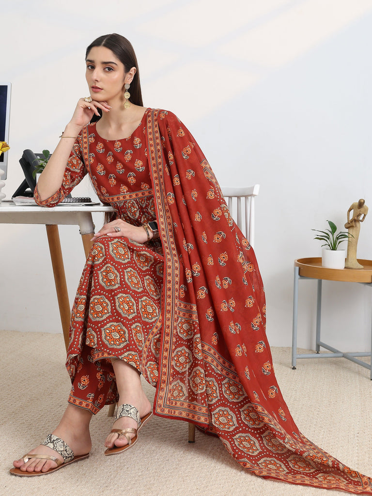 Gerua Rust Printed Cotton Blend A-Line Suit Set With Dupatta