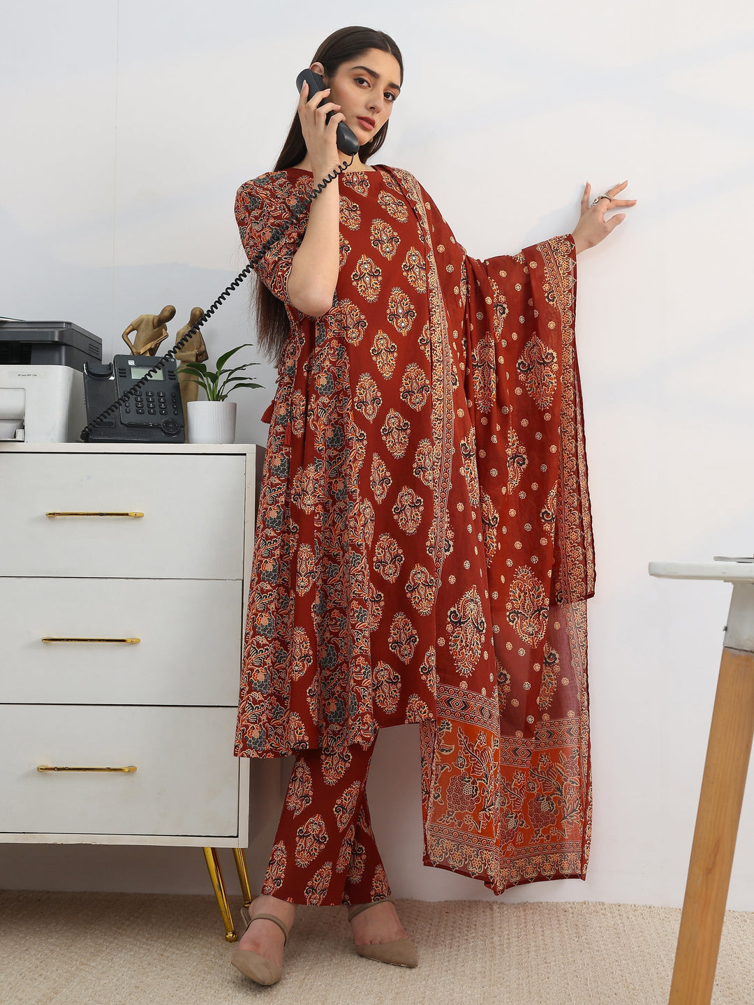  Rust Printed Cotton Blend A-Line Suit Set With Dupatta 