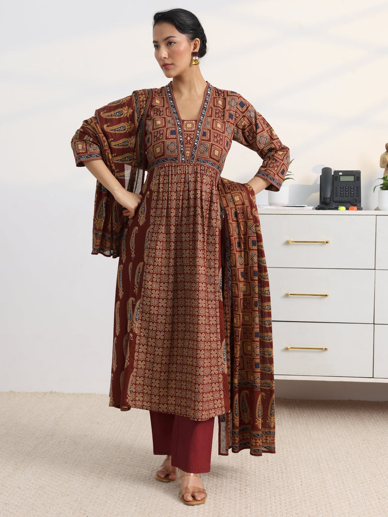 Gerua Rust Printed Cotton Blend A-Line Suit Set With Dupatta