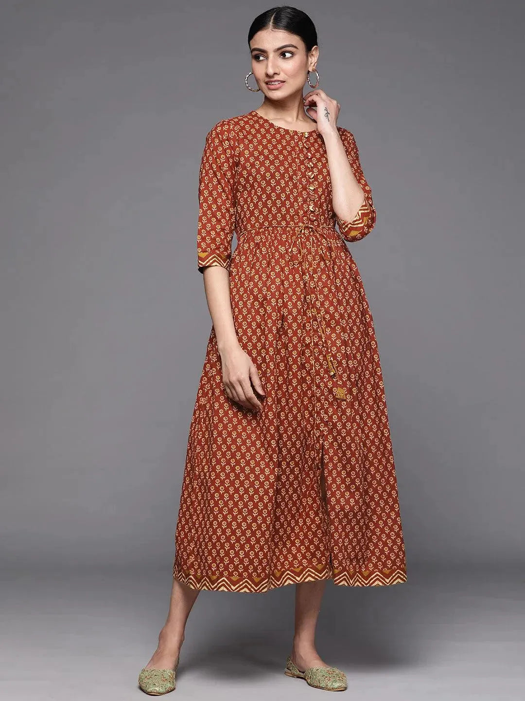 Rust Printed Cotton Dress - Libas