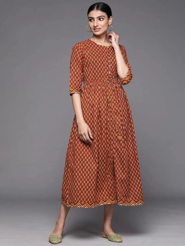 Rust Printed Cotton Dress - Libas