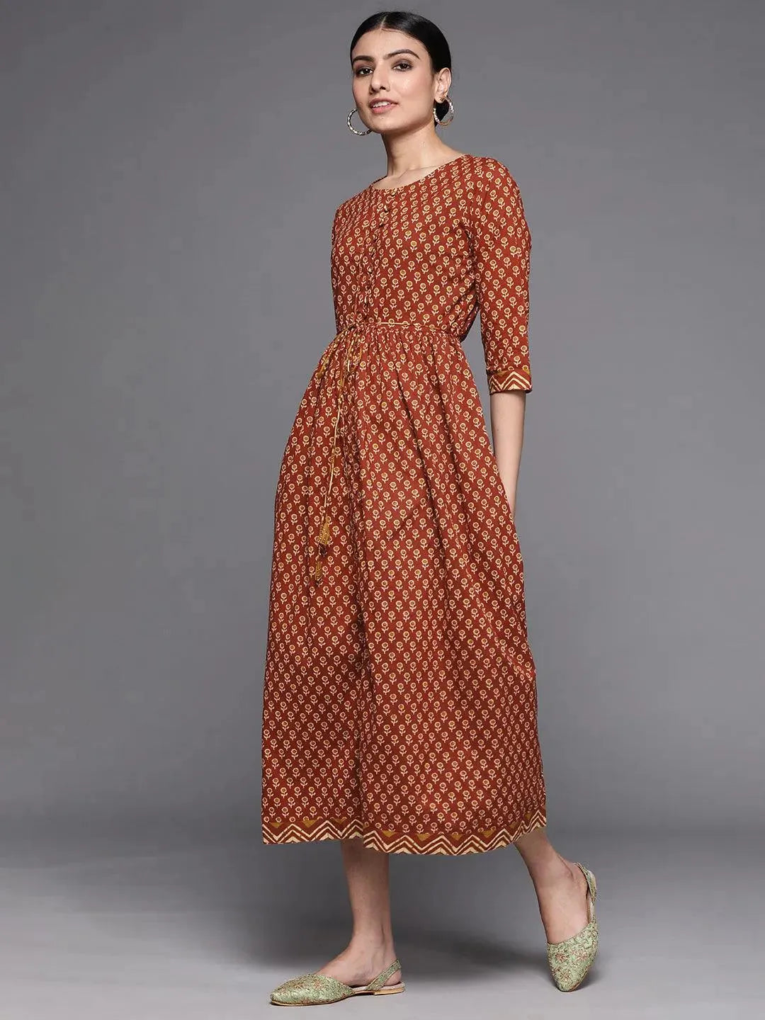 Rust Printed Cotton Dress - Libas 