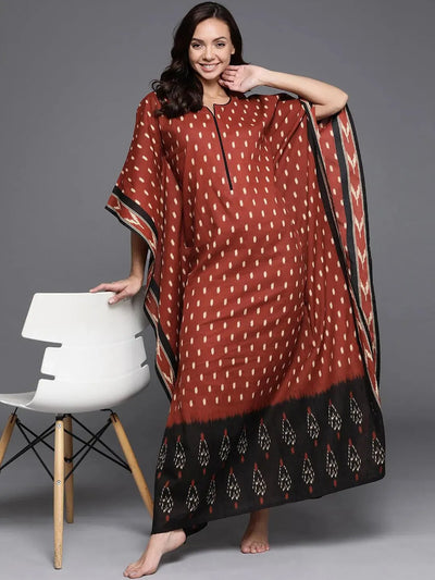 Rust Printed Cotton Nightdress - Libas