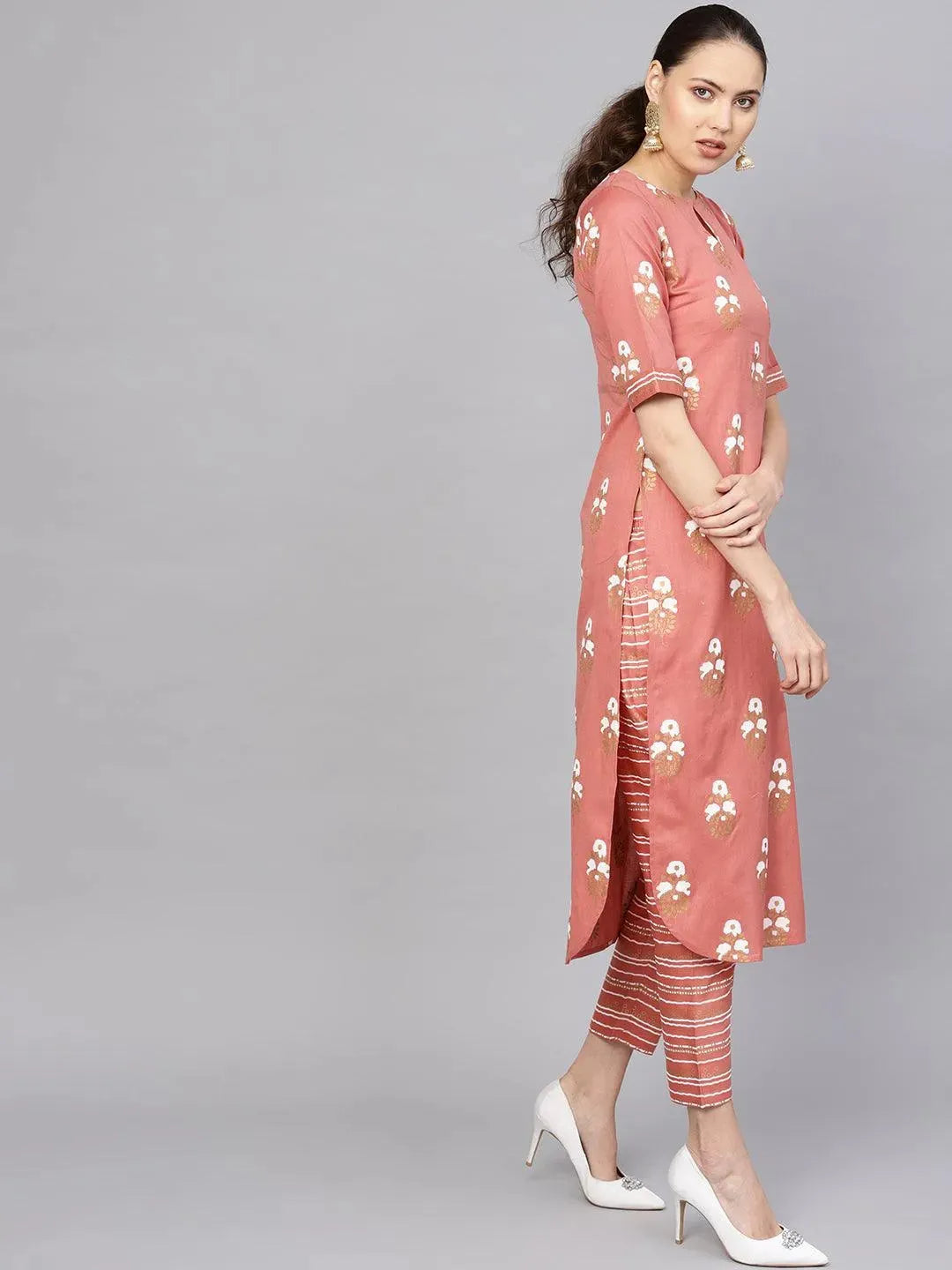 Rust Printed Cotton Kurta Set - Libas 