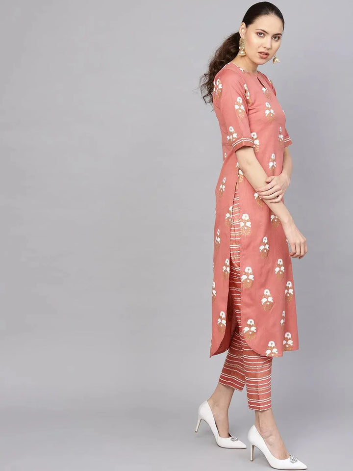 Rust Printed Cotton Kurta Set - Libas