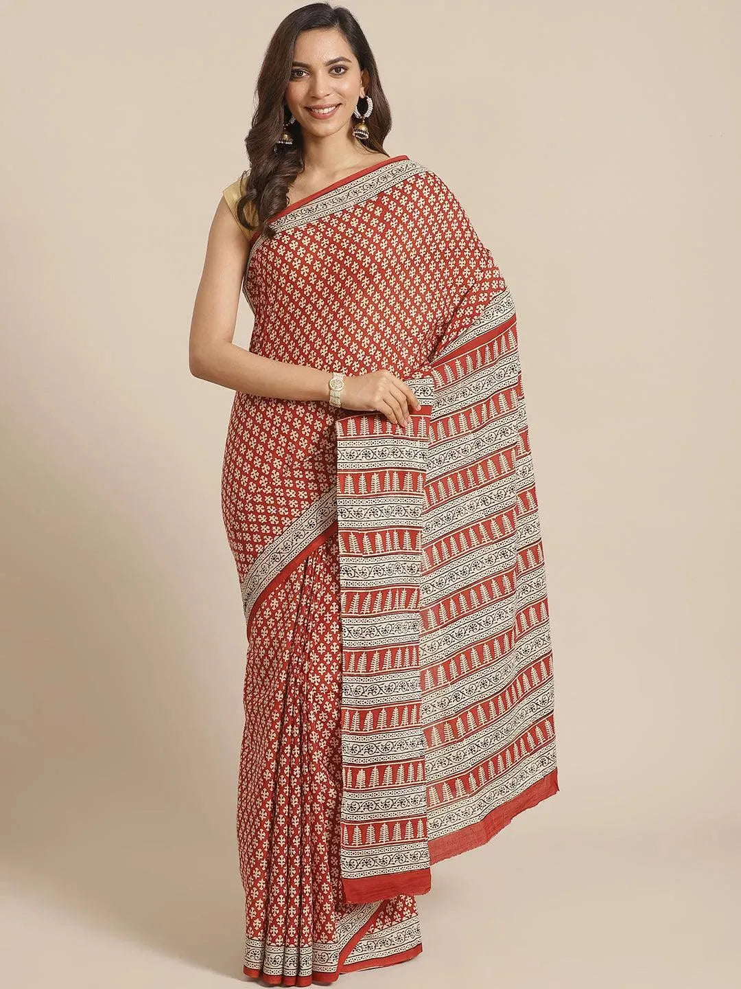 Rust Printed Cotton Saree - Libas