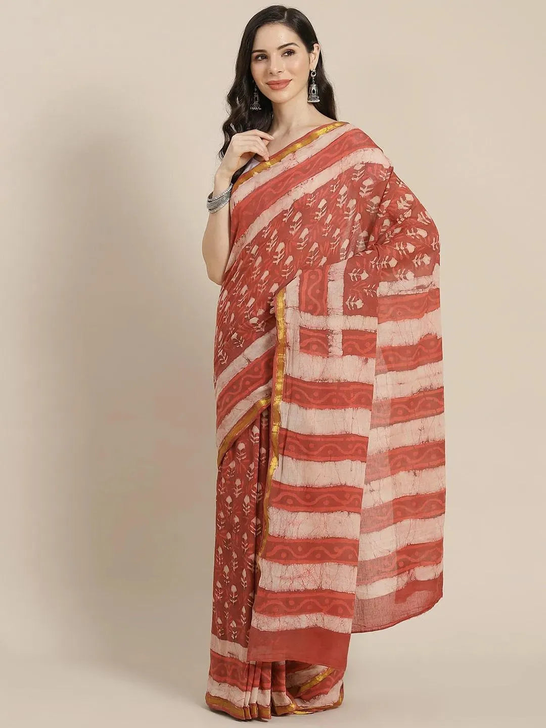 Rust Printed Cotton Saree - Libas