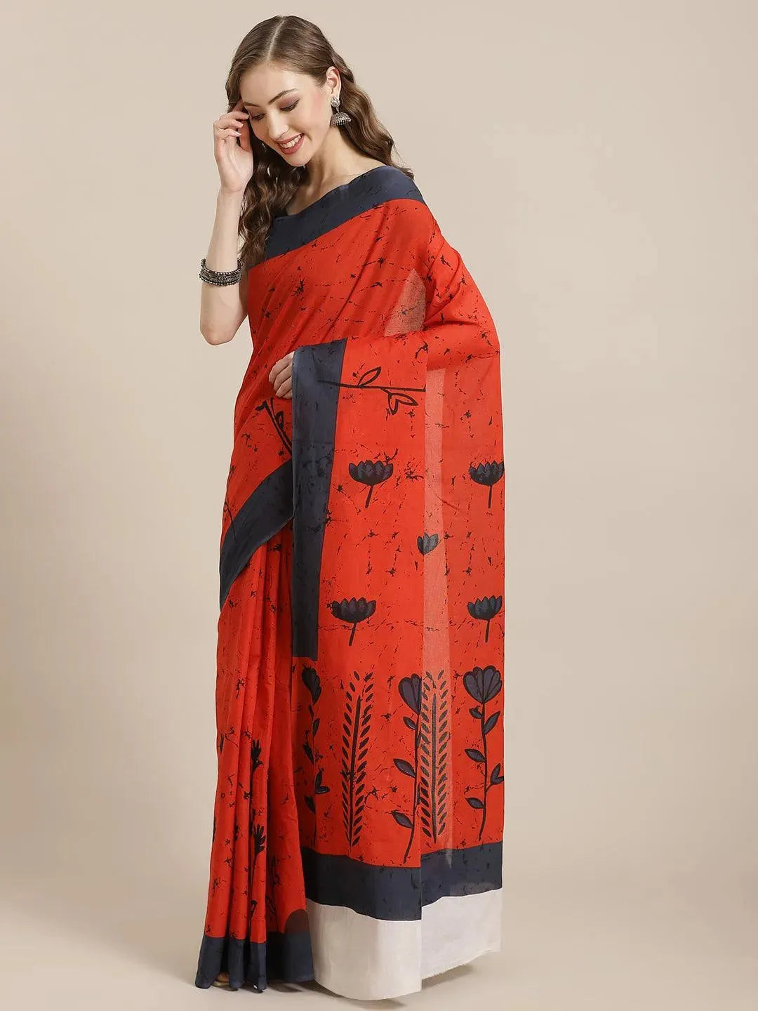 Rust Printed Cotton Saree-image-29