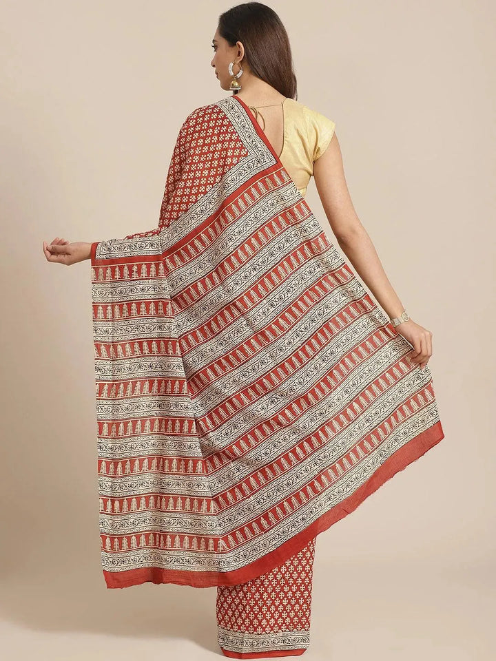 Rust Printed Cotton Saree - Libas