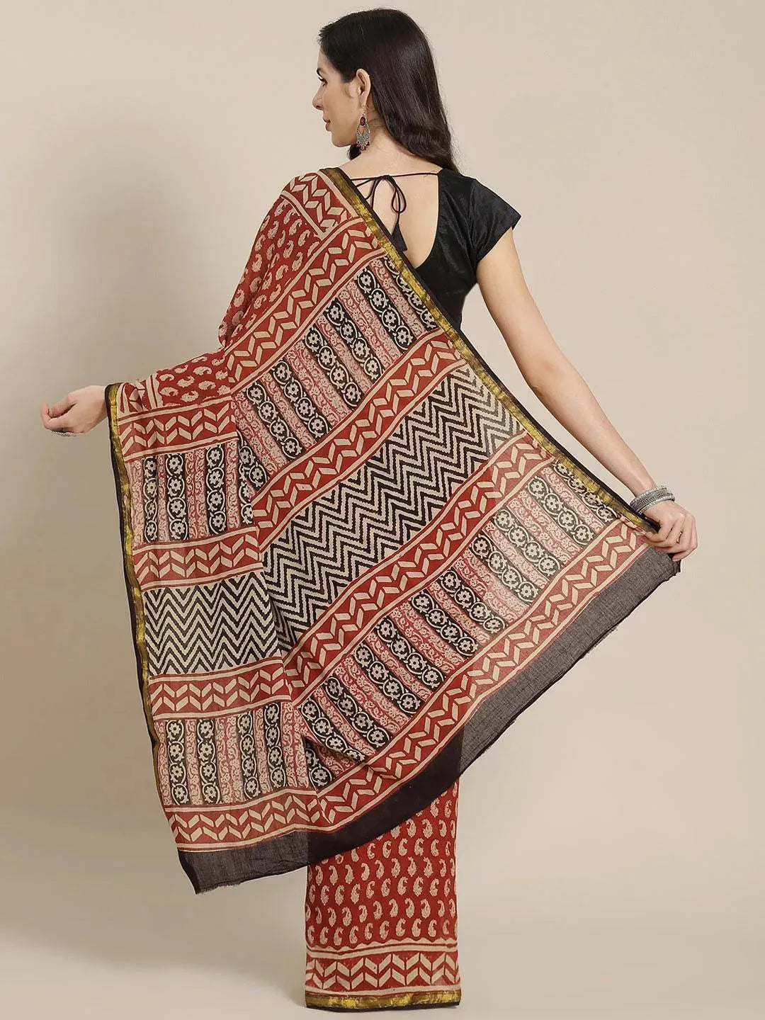 Rust Printed Cotton Saree - Libas 