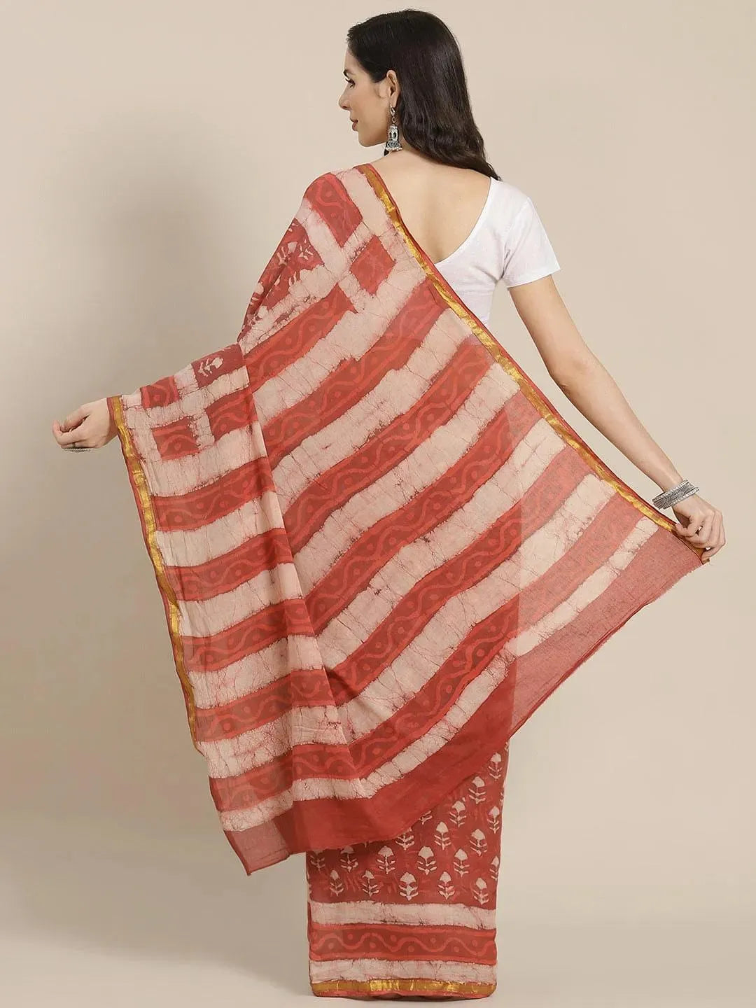 Rust Printed Cotton Saree - Libas 
