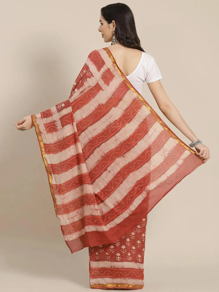 Rust Printed Cotton Saree - Libas