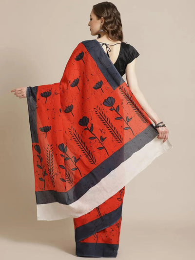 Rust Printed Cotton Saree - Libas