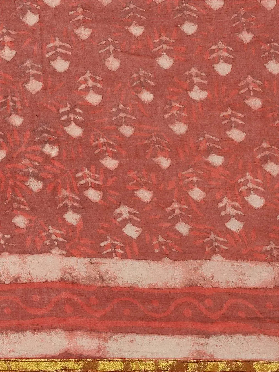 Rust Printed Cotton Saree - Libas 